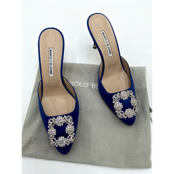 Manolo Blahnik Blue Satin Jewel Buckle Mules size 38 - Picture 2 of 13